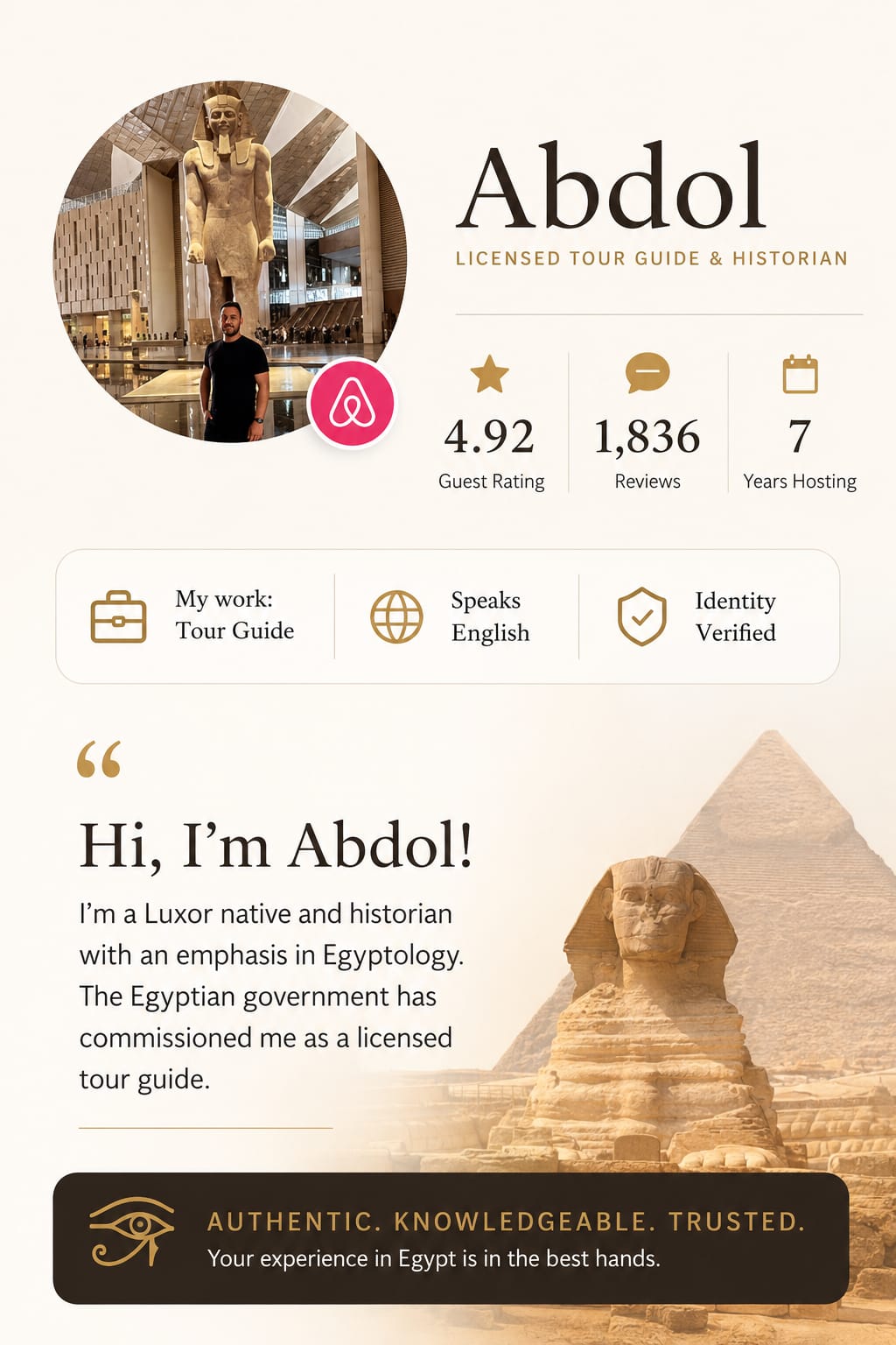 Abdol Airbnb credentials showing guest rating, reviews, years hosting, and licensed tour guide profile